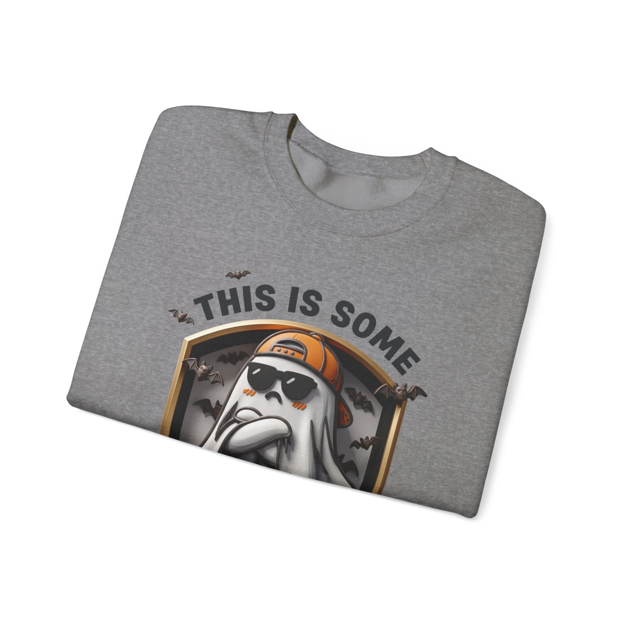 Graphite Heather crewneck sweatshirt folded to show the sheet ghost in black sunglasses and a backward orange print