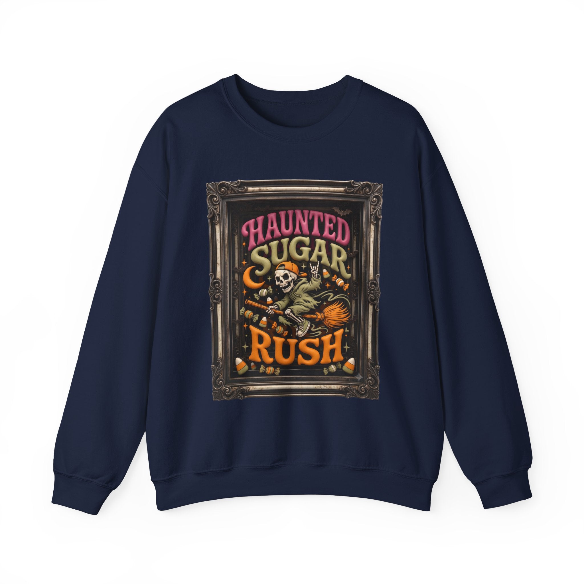 Navy crewneck sweatshirt laid flat, printed with a hooded skeleton rides a broom past a crescent moon