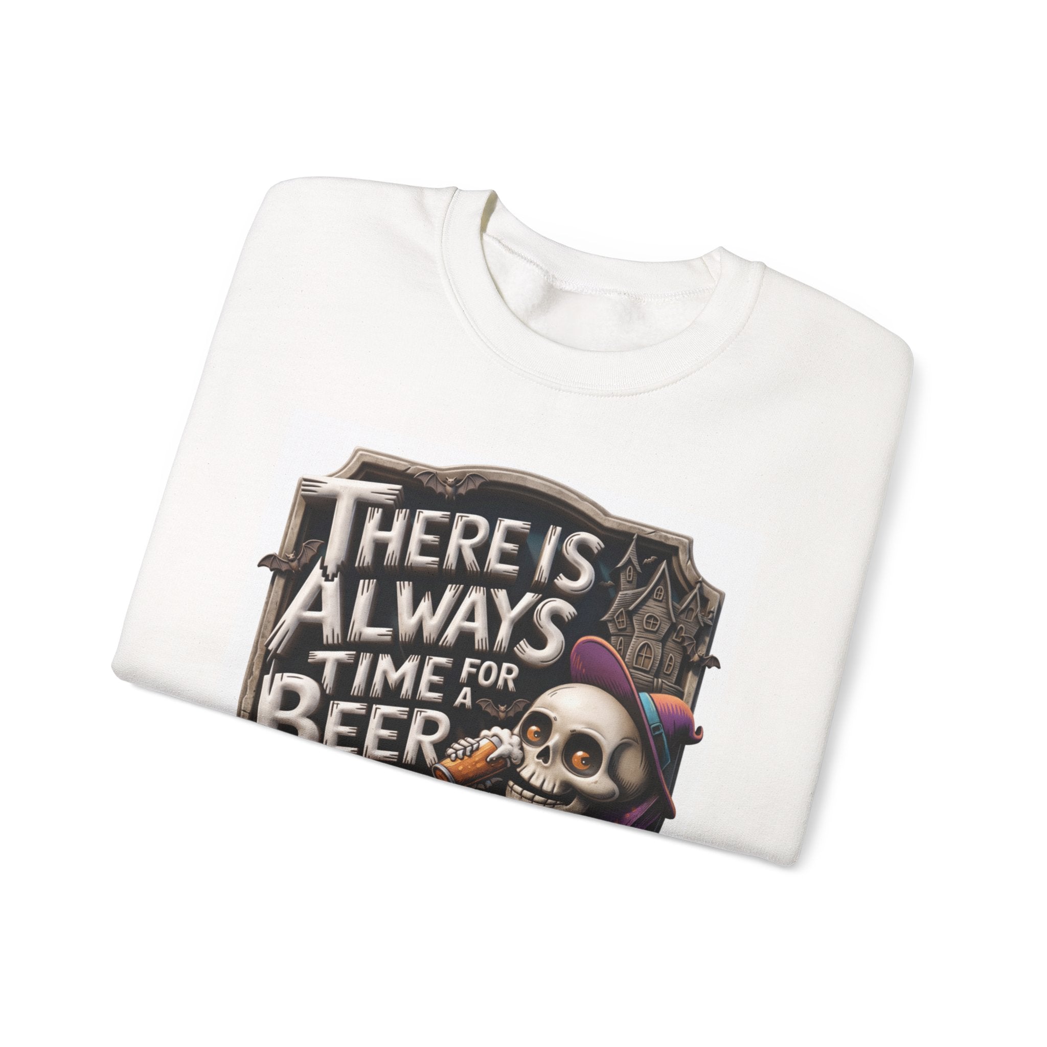 White crewneck sweatshirt folded to show the skeleton in a floppy purple hat kicks back print