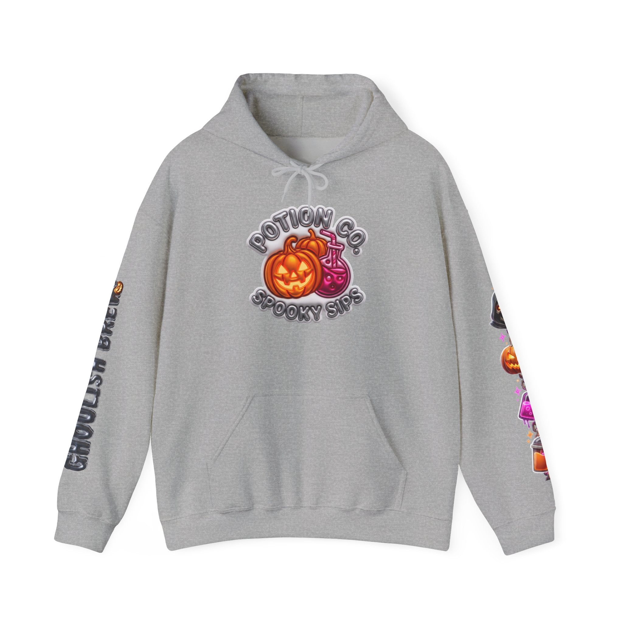 Sport Grey hoodie laid flat, printed with a potion co. halloween graphic of jack-o-lanterns and potion bottles