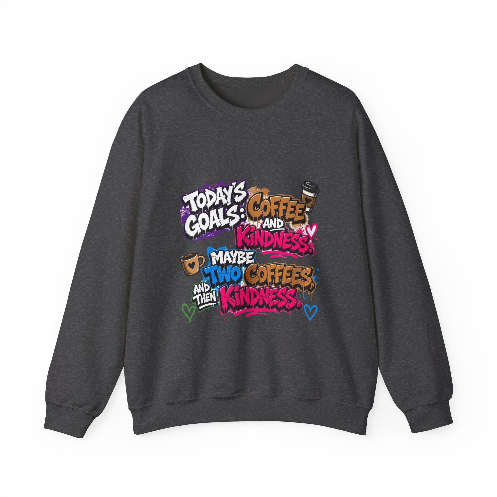 Dark Heather crewneck sweatshirt laid flat, printed with a stacked graffiti lettering in electric pinks