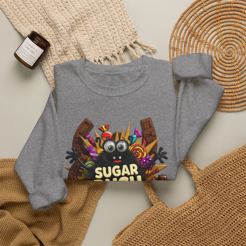 Graphite Heather crewneck sweatshirt styled flat with a candle — fuzzy black monster with googly eyes