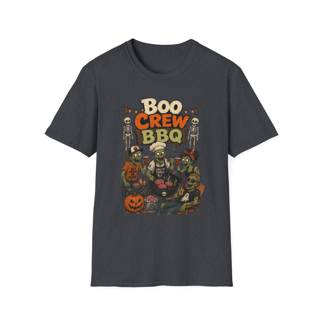 Dark Heather Grey t-shirt, plain back — skeletons and zombies around a grill on the front