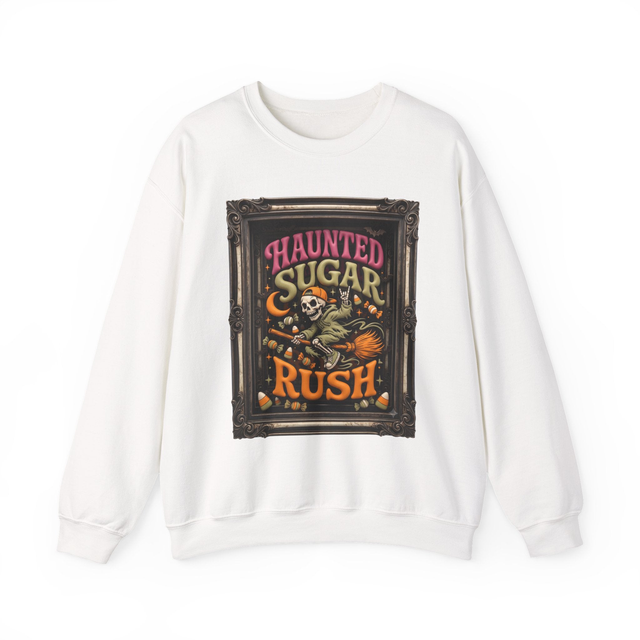 White crewneck sweatshirt laid flat, printed with a hooded skeleton rides a broom past a crescent moon