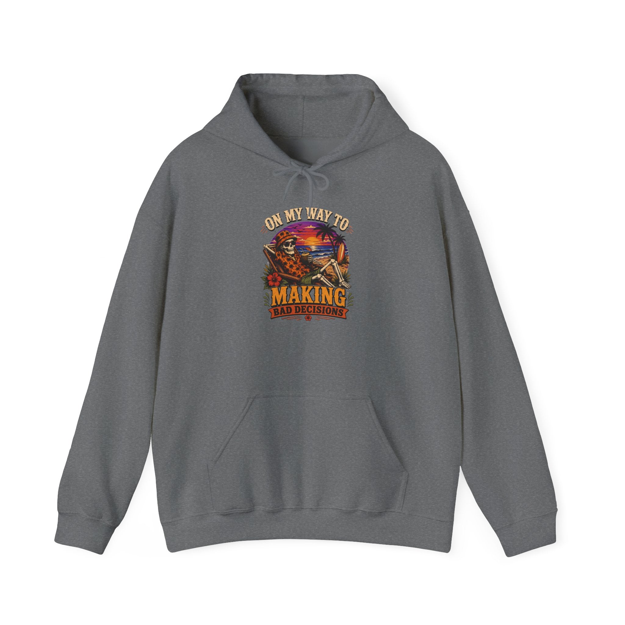 Graphite Heather hoodie laid flat, printed with a sunset skeleton print centred on the chest
