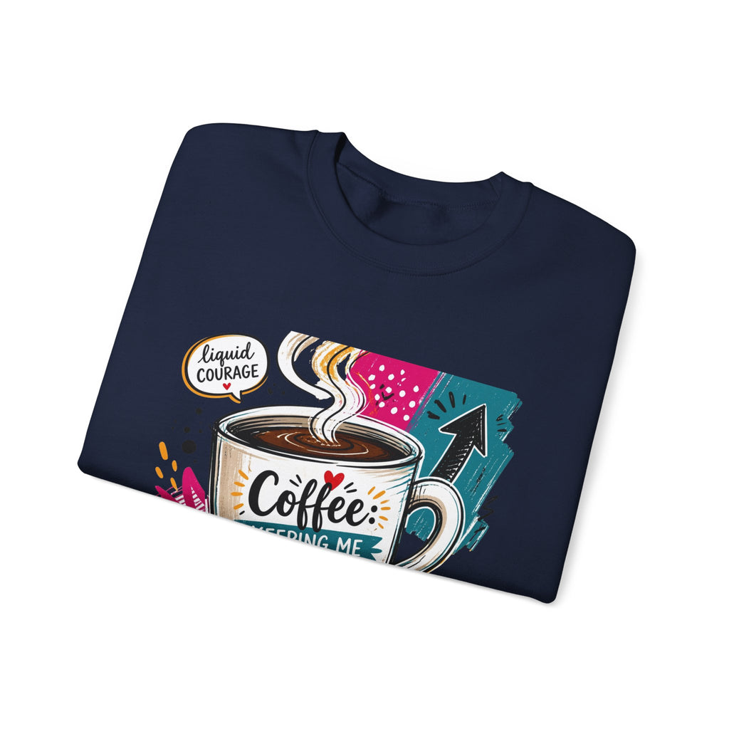 Navy crewneck sweatshirt folded to show the striped coffee mug in a retro paper collage reading print