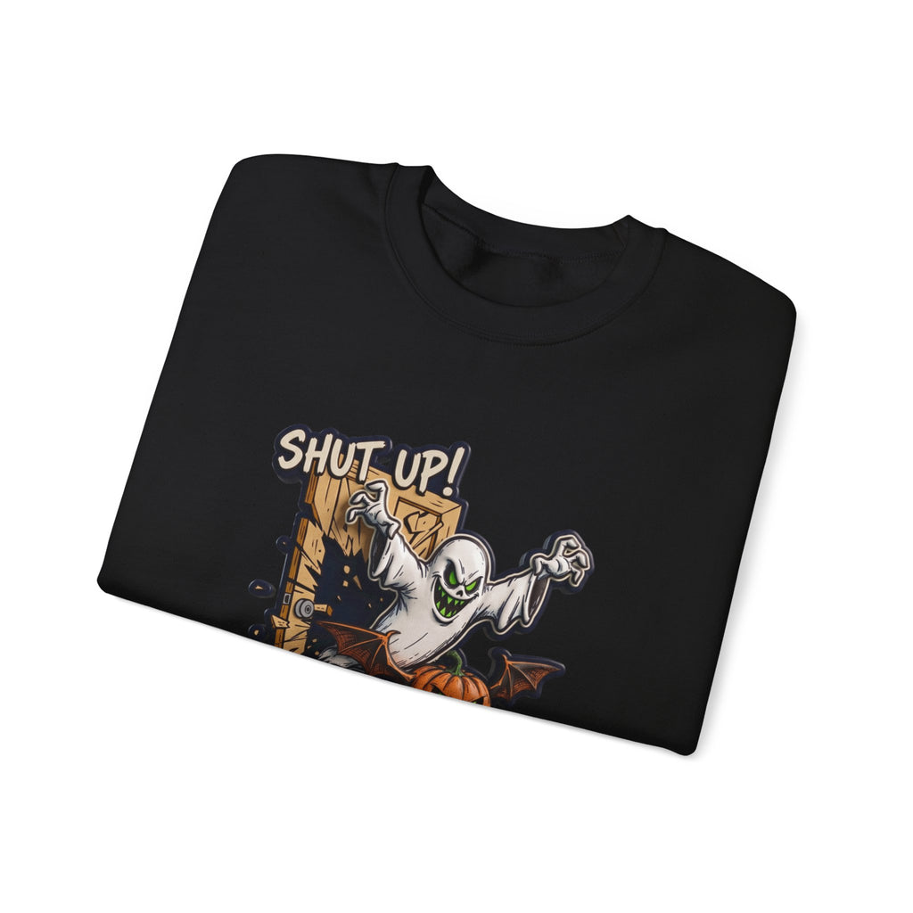 Black crewneck sweatshirt folded to show the green-eyed ghost with bat wings bursts through a wooden print