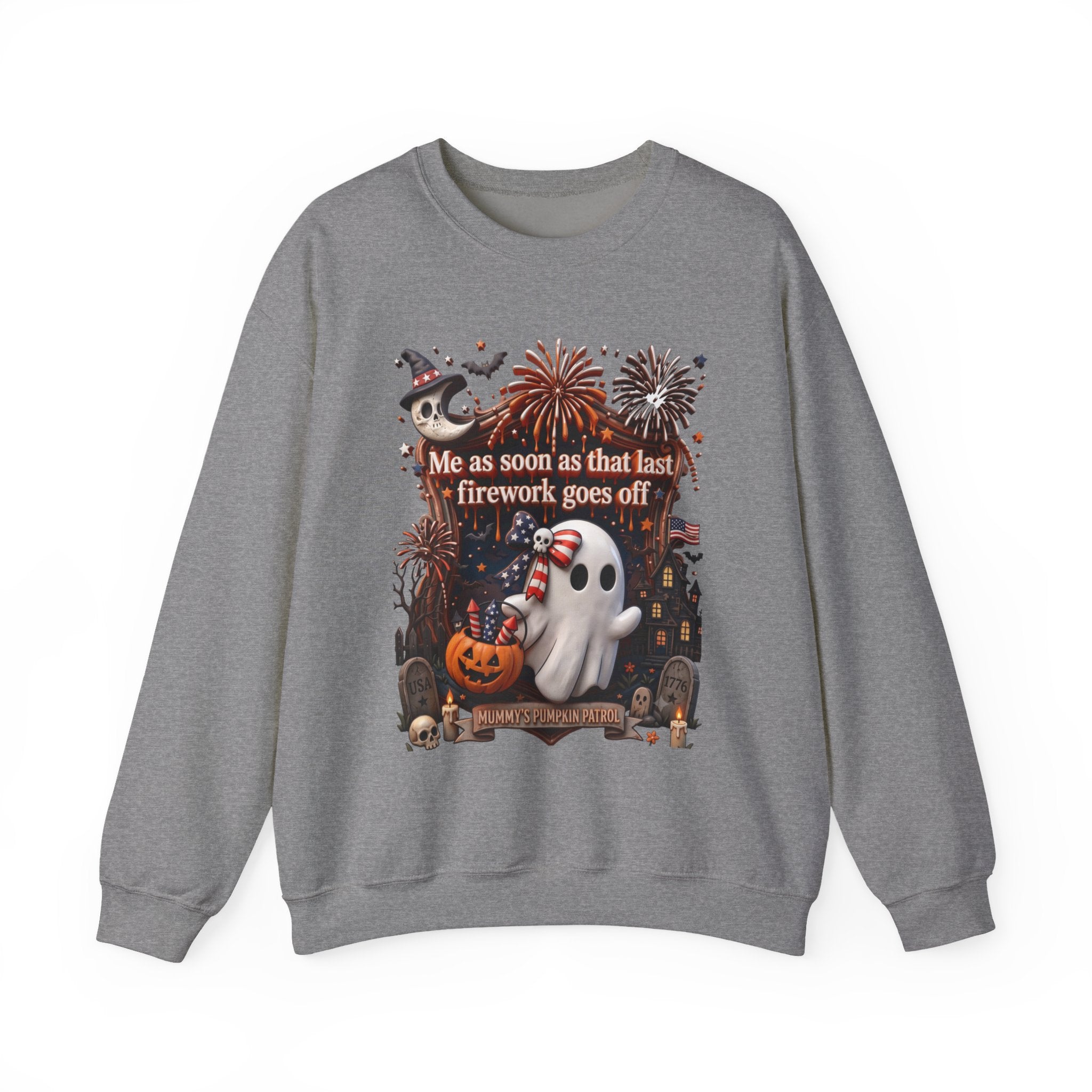 Graphite Heather crewneck sweatshirt laid flat, printed with a wide-eyed ghost clutches a striped firework