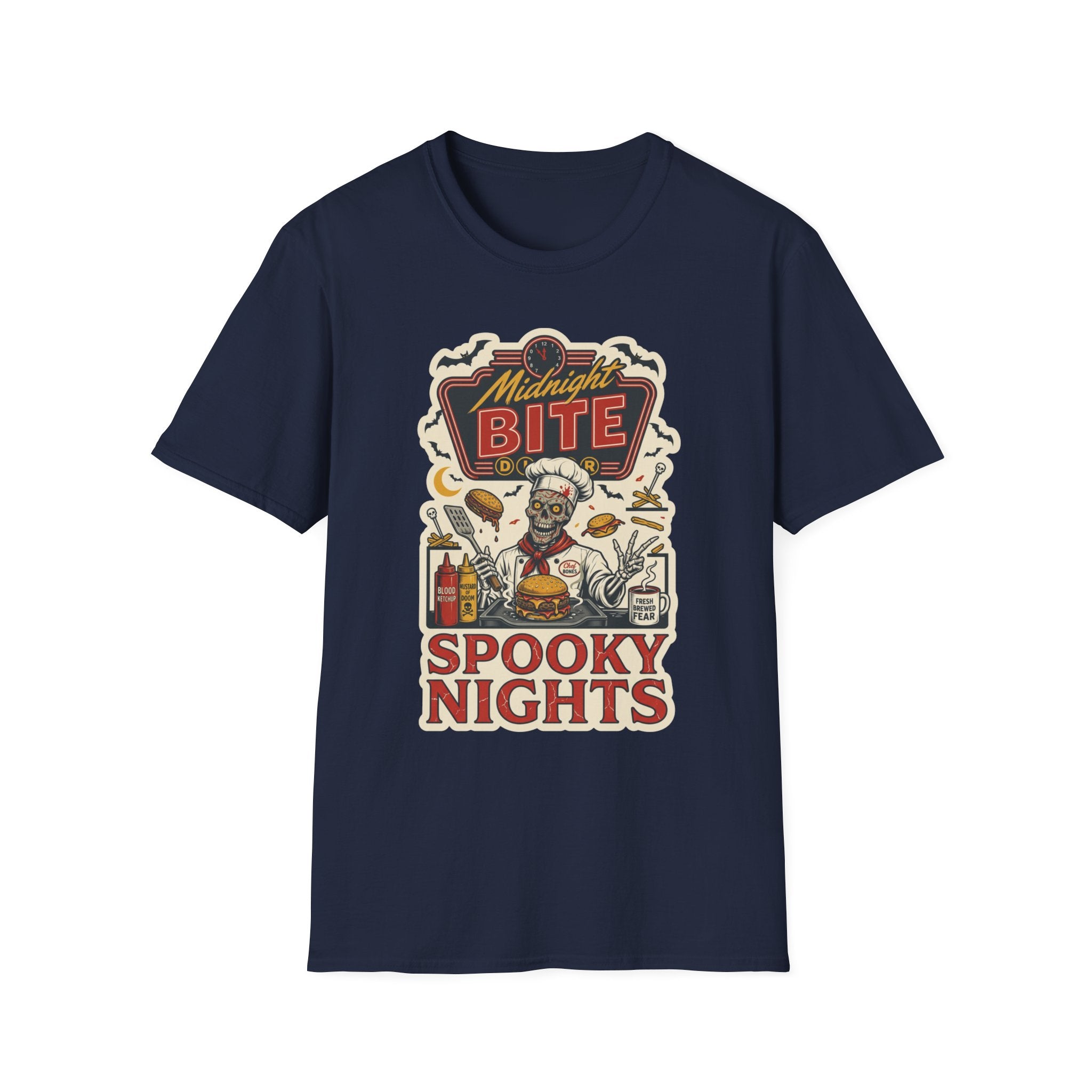 Navy t-shirt laid flat, printed with a late-night diner sign stacked