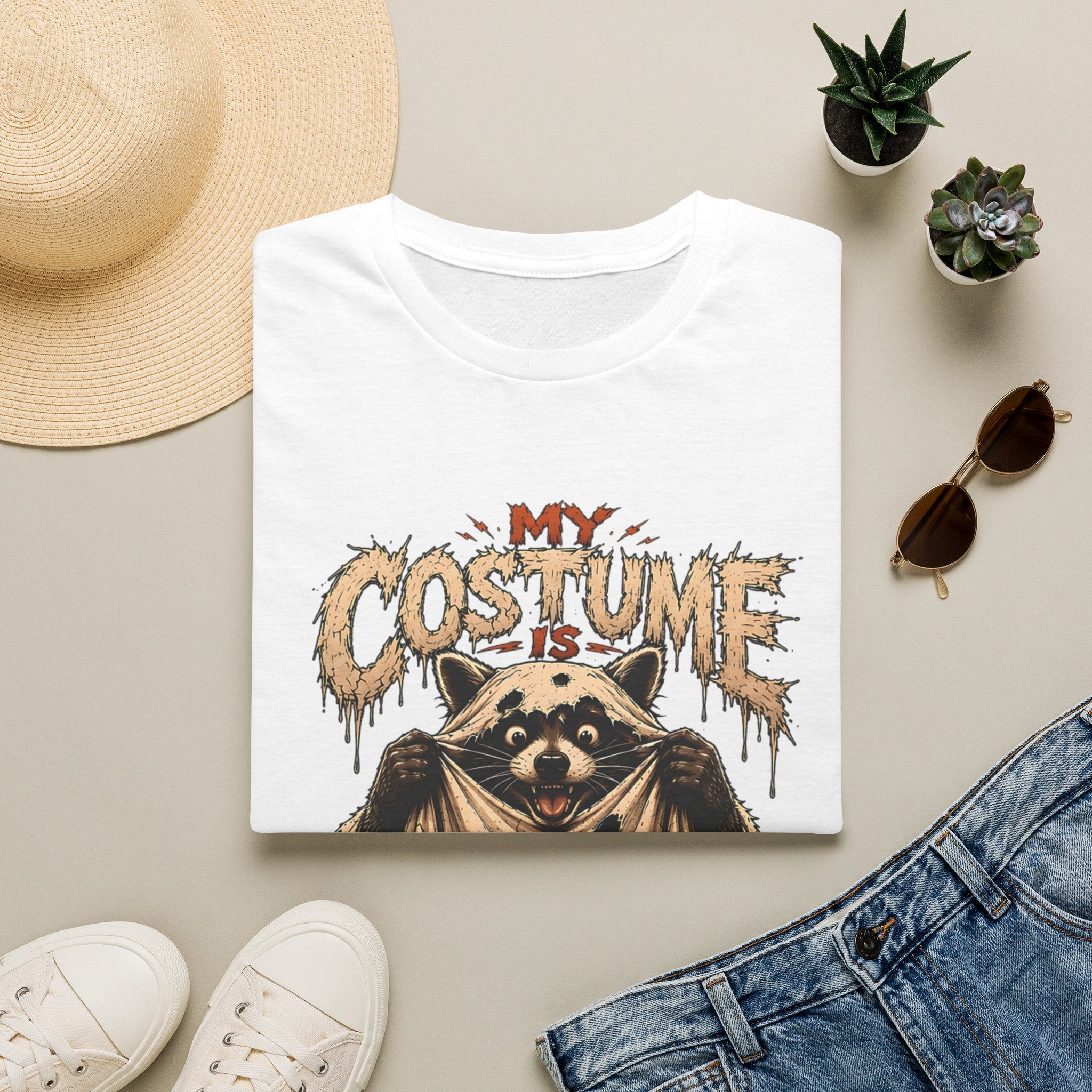 White t-shirt styled flat with a candle — wide-eyed raccoon in a fur cape