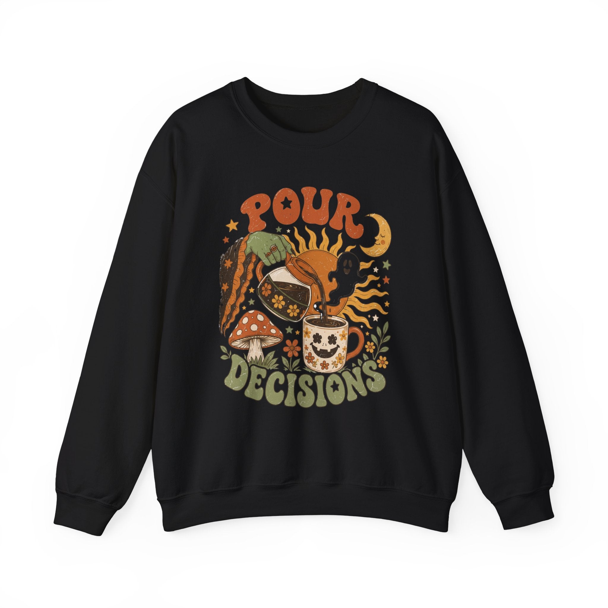 Black crewneck sweatshirt laid flat, printed with a green witch hand tipping a flower-patterned coffee pot into