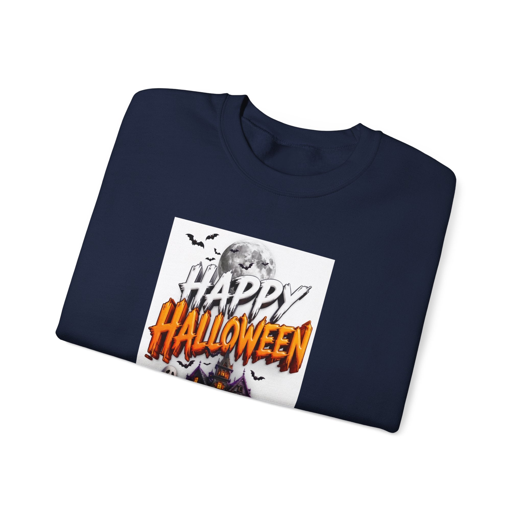 Navy crewneck sweatshirt folded to show the haunted house print