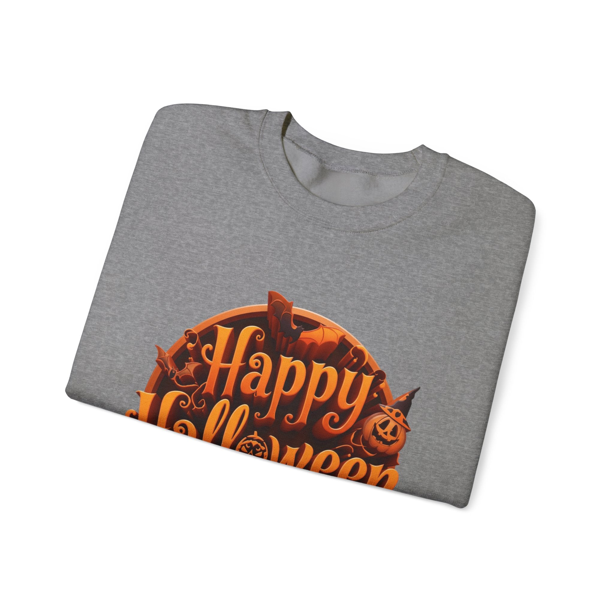 Graphite Heather crewneck sweatshirt folded to show the glowing orange happy halloween script fills a round badge print