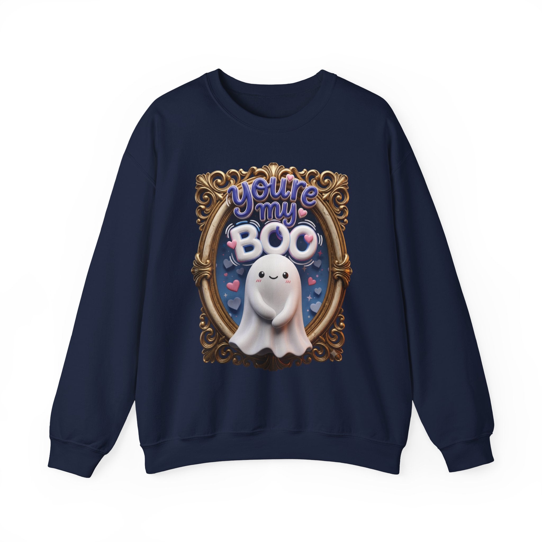 Navy crewneck sweatshirt laid flat, printed with a round smiling ghost floats inside a gilded vintage frame
