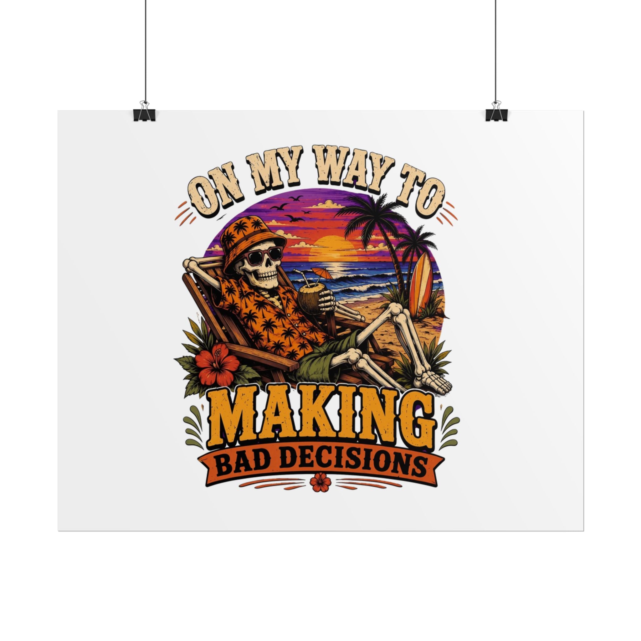 Poster print showing a grinning skeleton stretched out under a burning tropical sunset, view 37