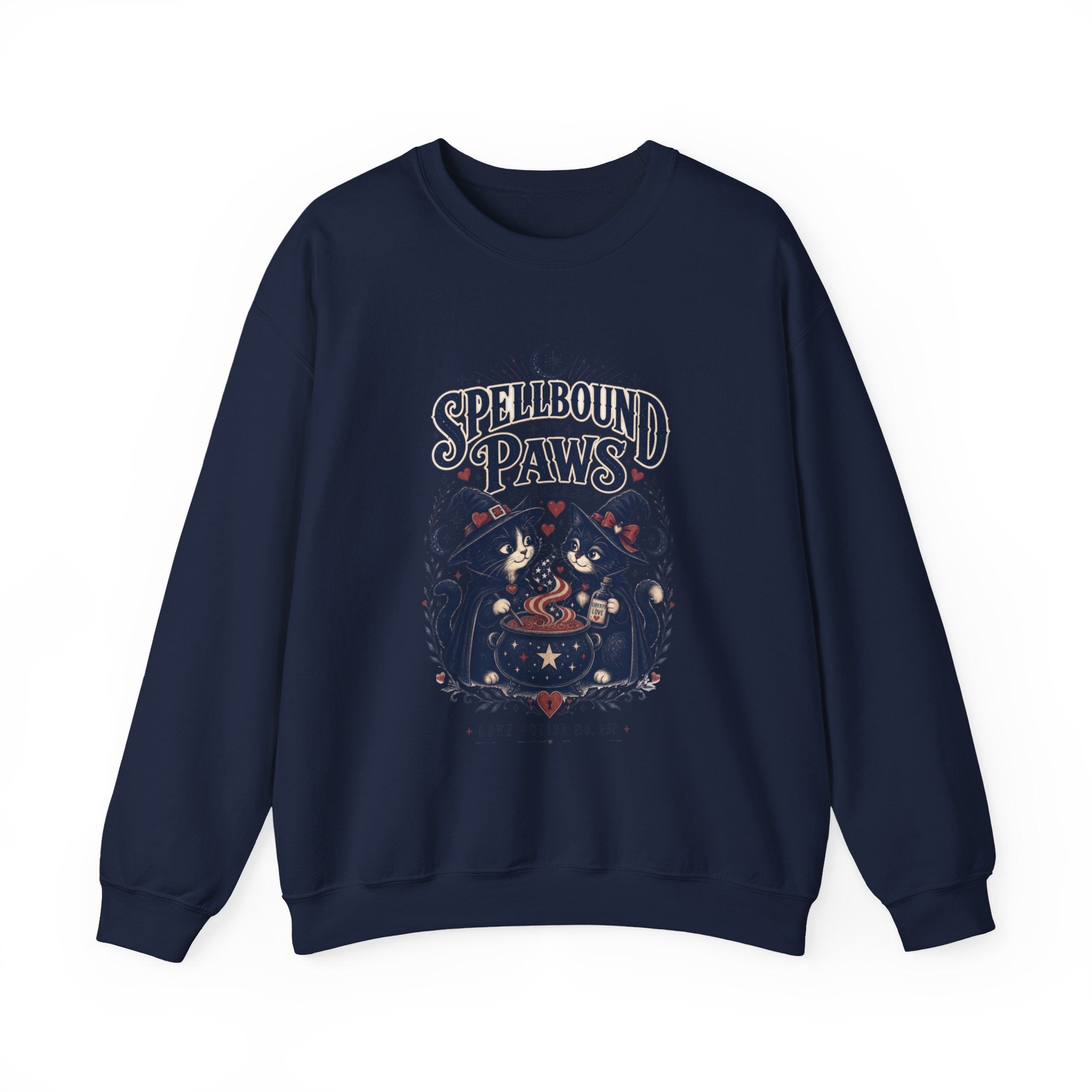 Navy crewneck sweatshirt laid flat, printed with a two black cats in witch hats