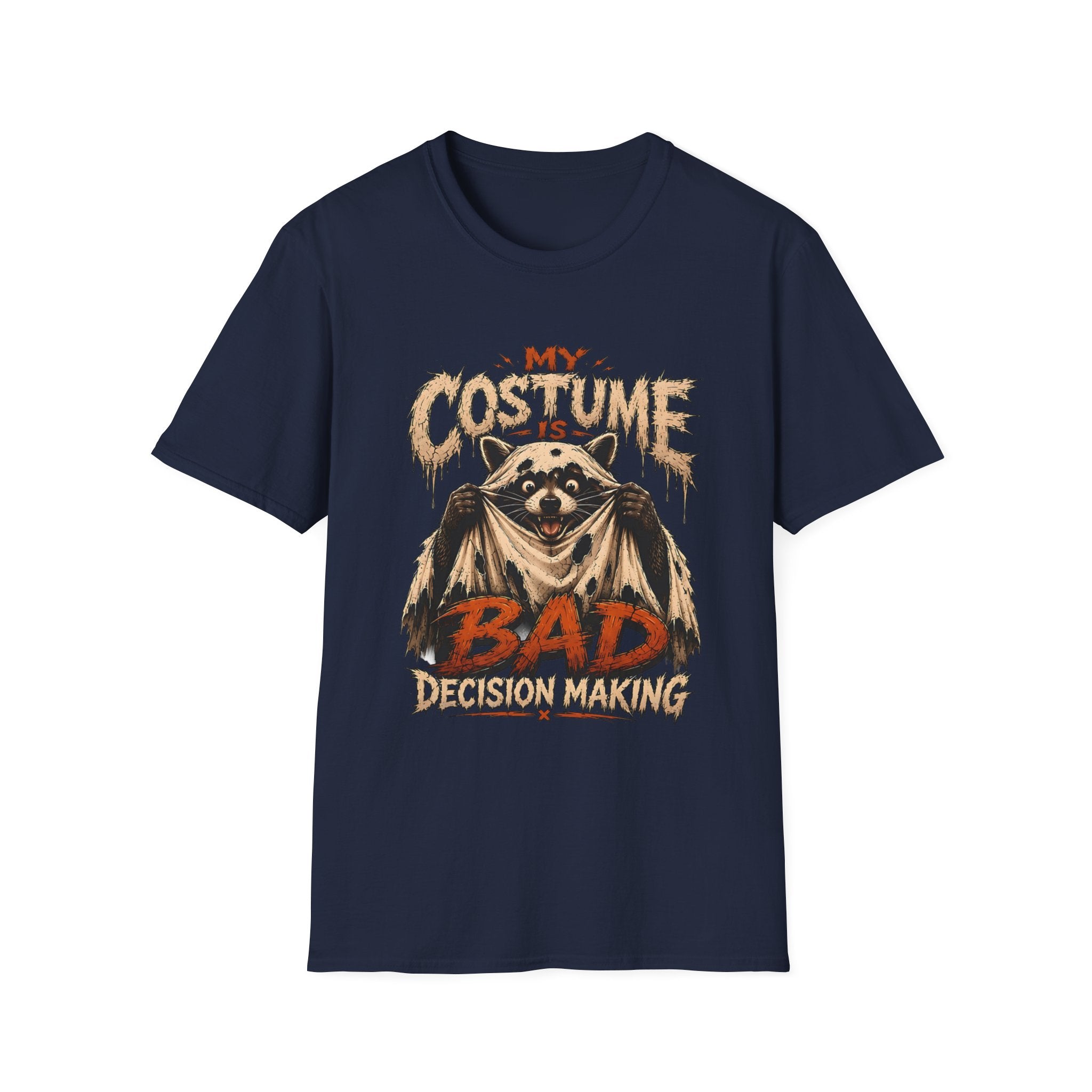 Navy t-shirt laid flat, printed with a wide-eyed raccoon holding open a shabby fur cape as