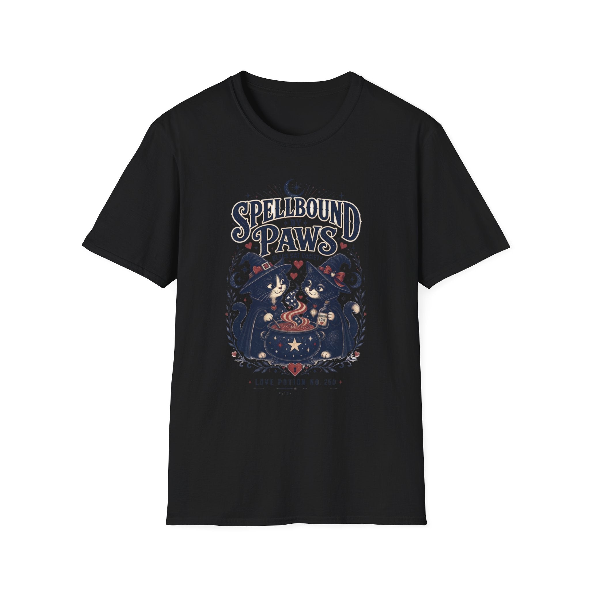 Black t-shirt laid flat, printed with a two black cats in witch hats