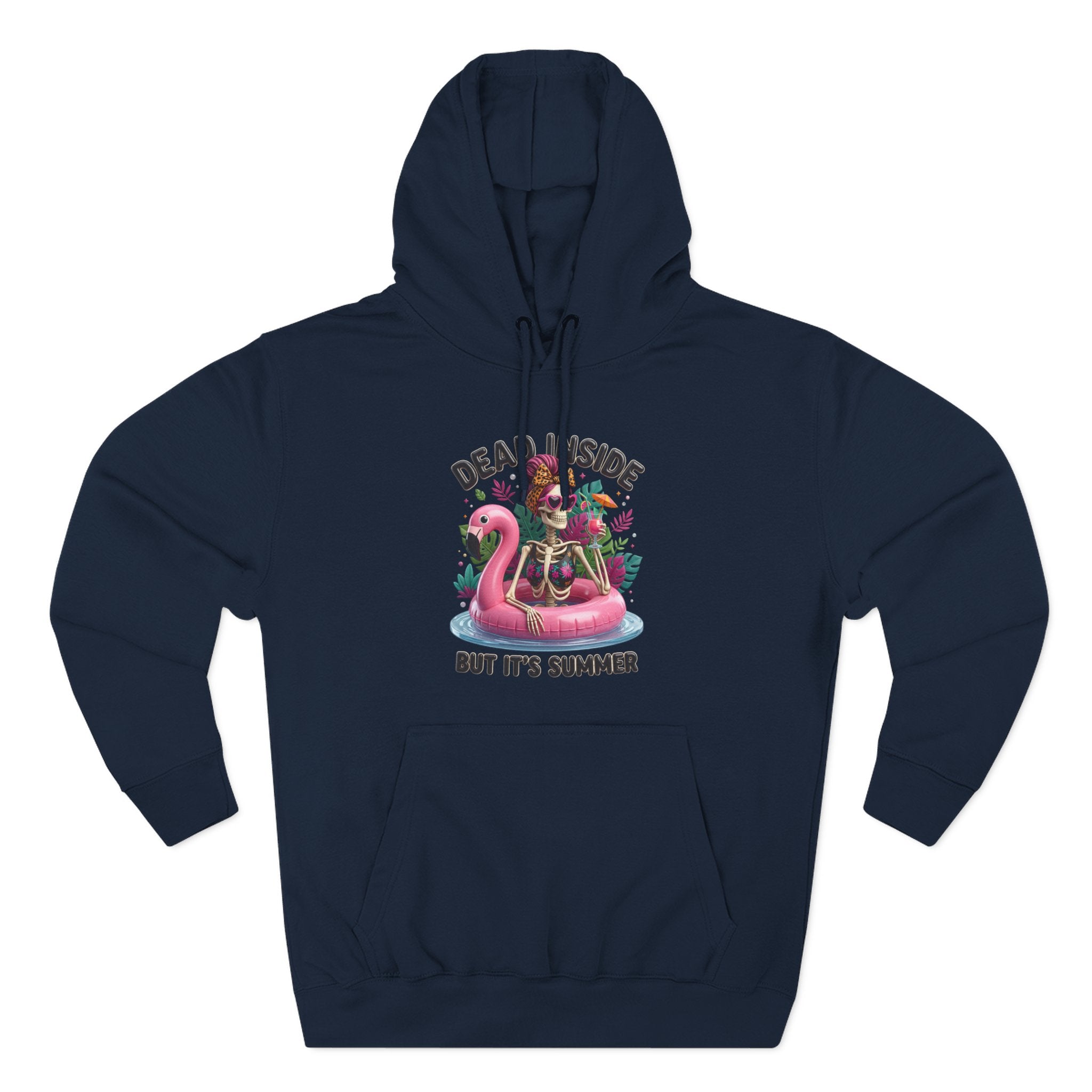 Navy hoodie laid flat, printed with a deadpan summer joke for people who run cold