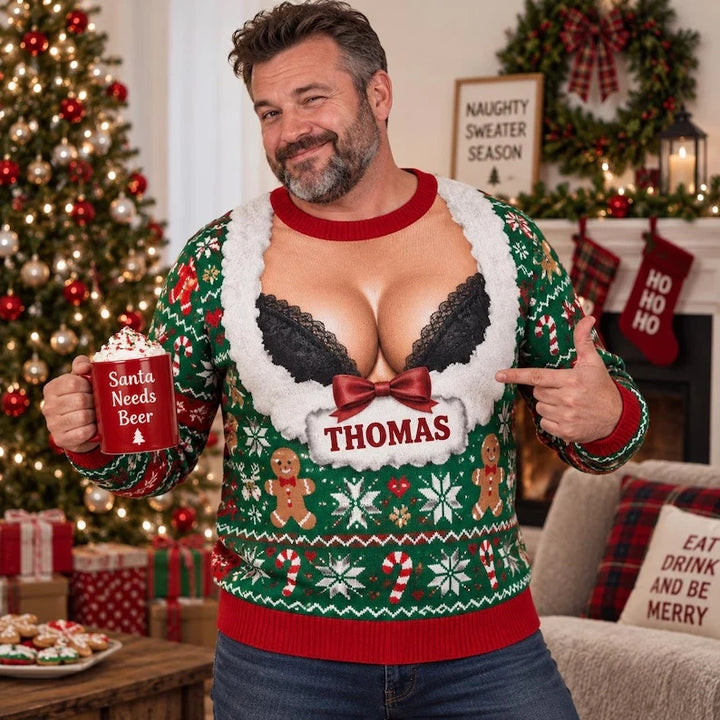 Funny Sexy Faux Cleavage Christmas Ugly Sweater Personalized Name Sweatshirt