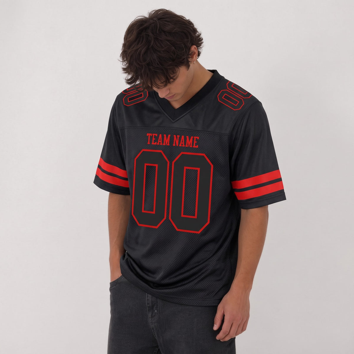 Custom Black Black-Red Mesh Football Jersey - 2
