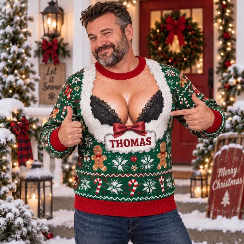 Funny Sexy Faux Cleavage Christmas Ugly Sweater Personalized Name Sweatshirt