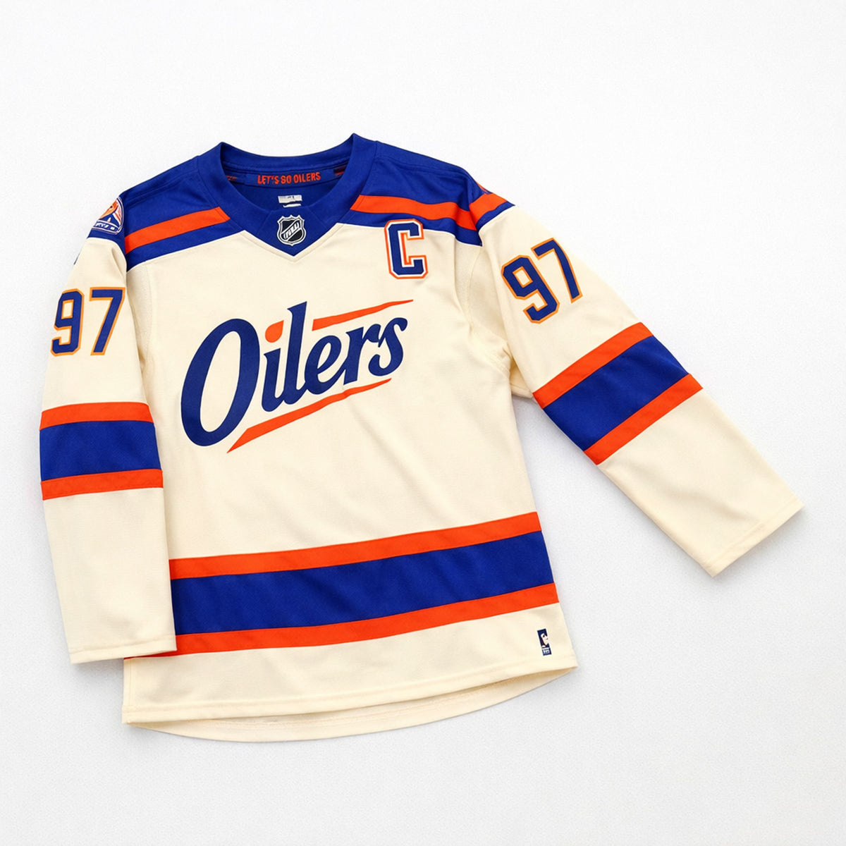 McDavid 97 Oilers Hockey Jersey Cream Blue Orange - 3