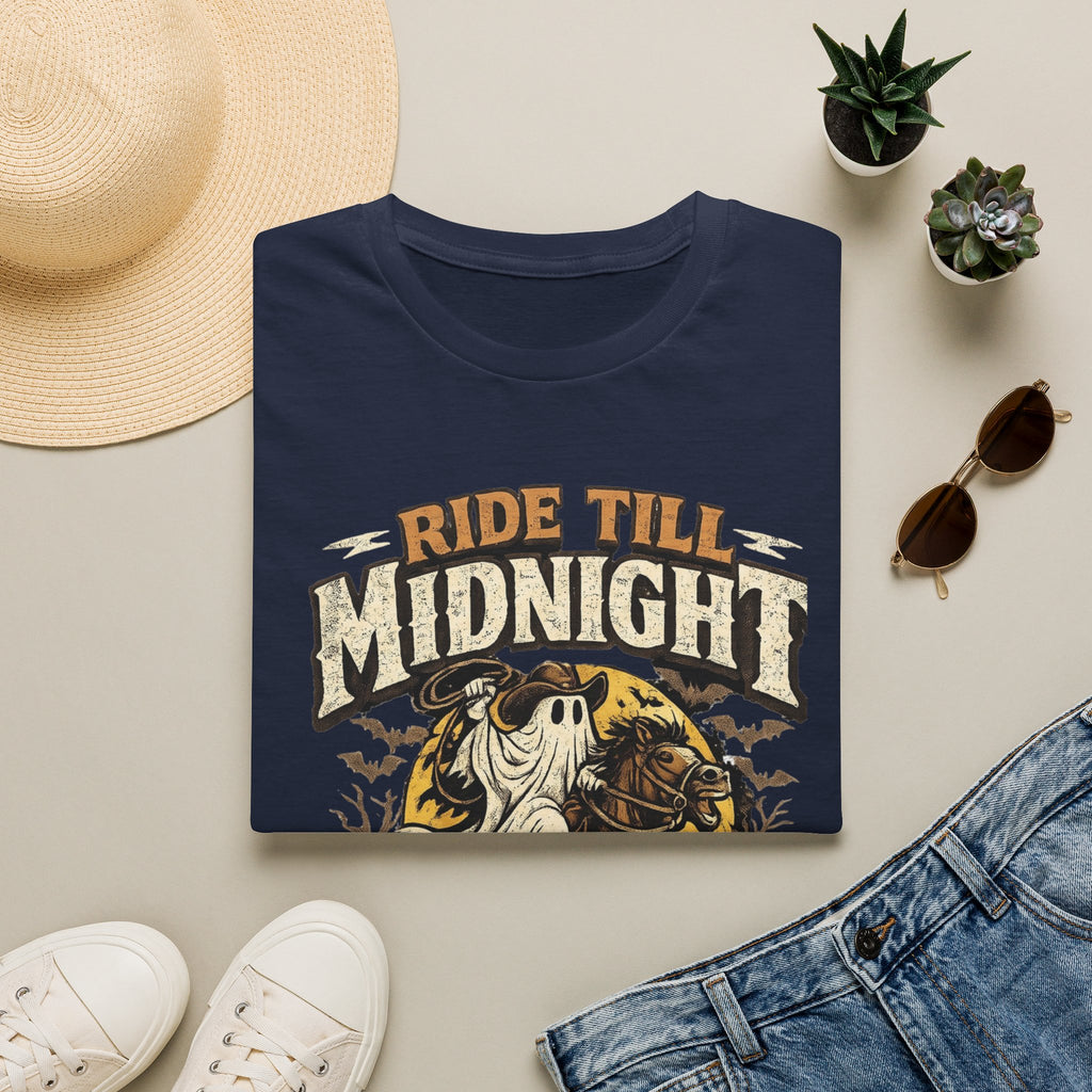 Navy t-shirt styled flat with a candle — sheet ghost on a rearing horse