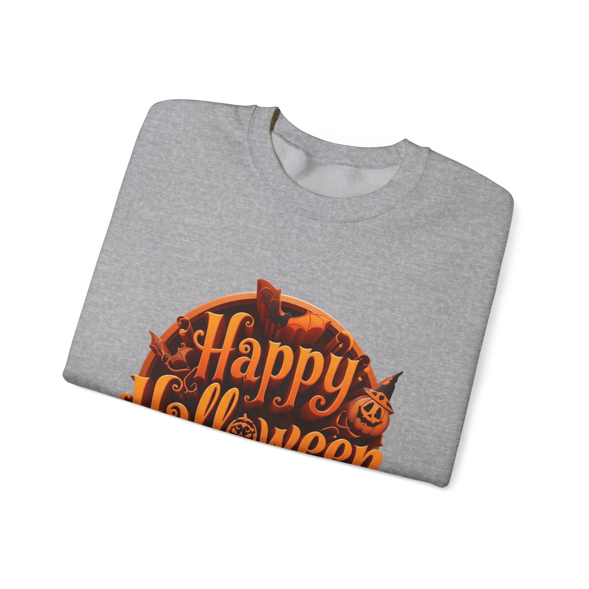 Sport Grey crewneck sweatshirt folded to show the glowing orange happy halloween script fills a round badge print