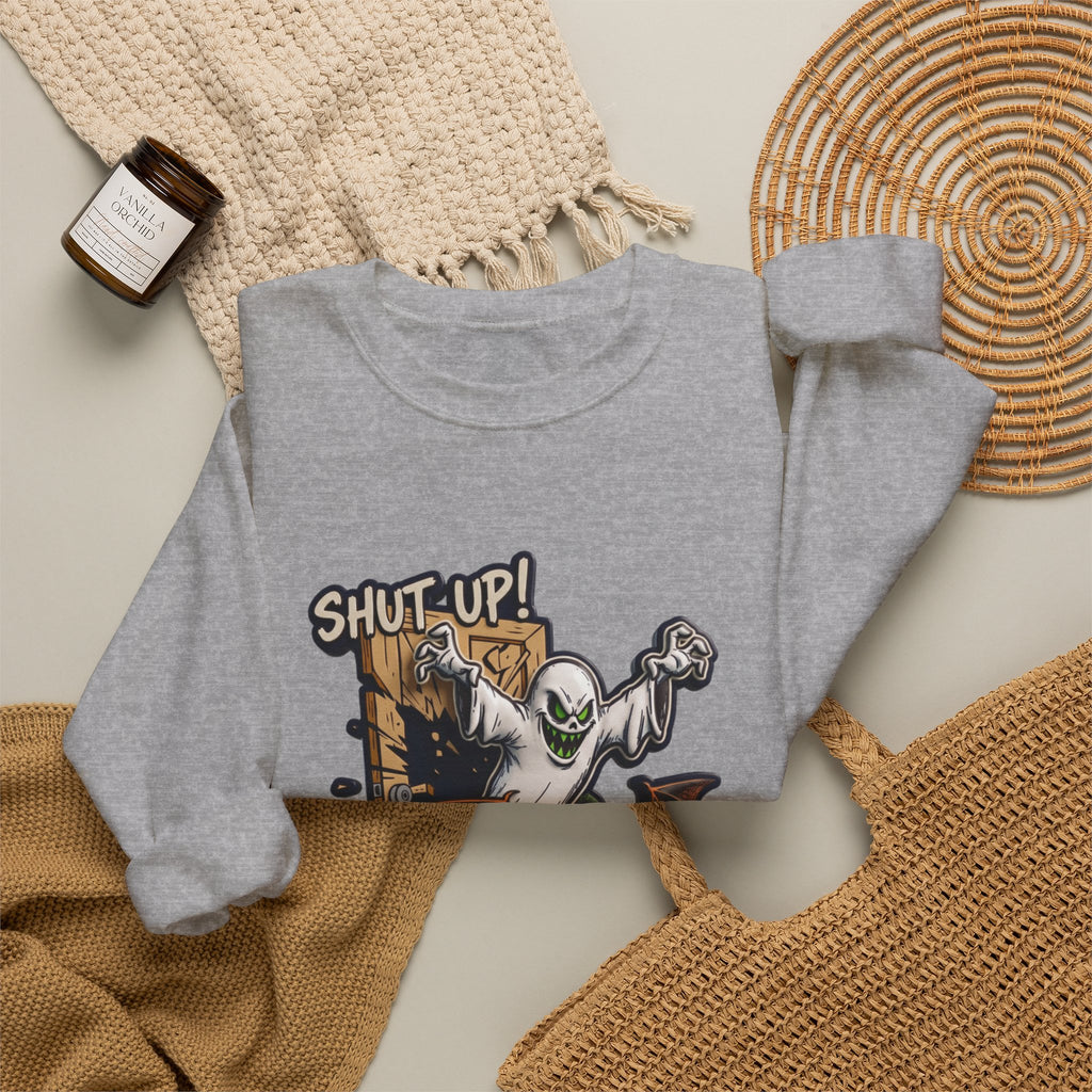 Sport Grey crewneck sweatshirt styled flat with a candle — green-eyed ghost with bat wings