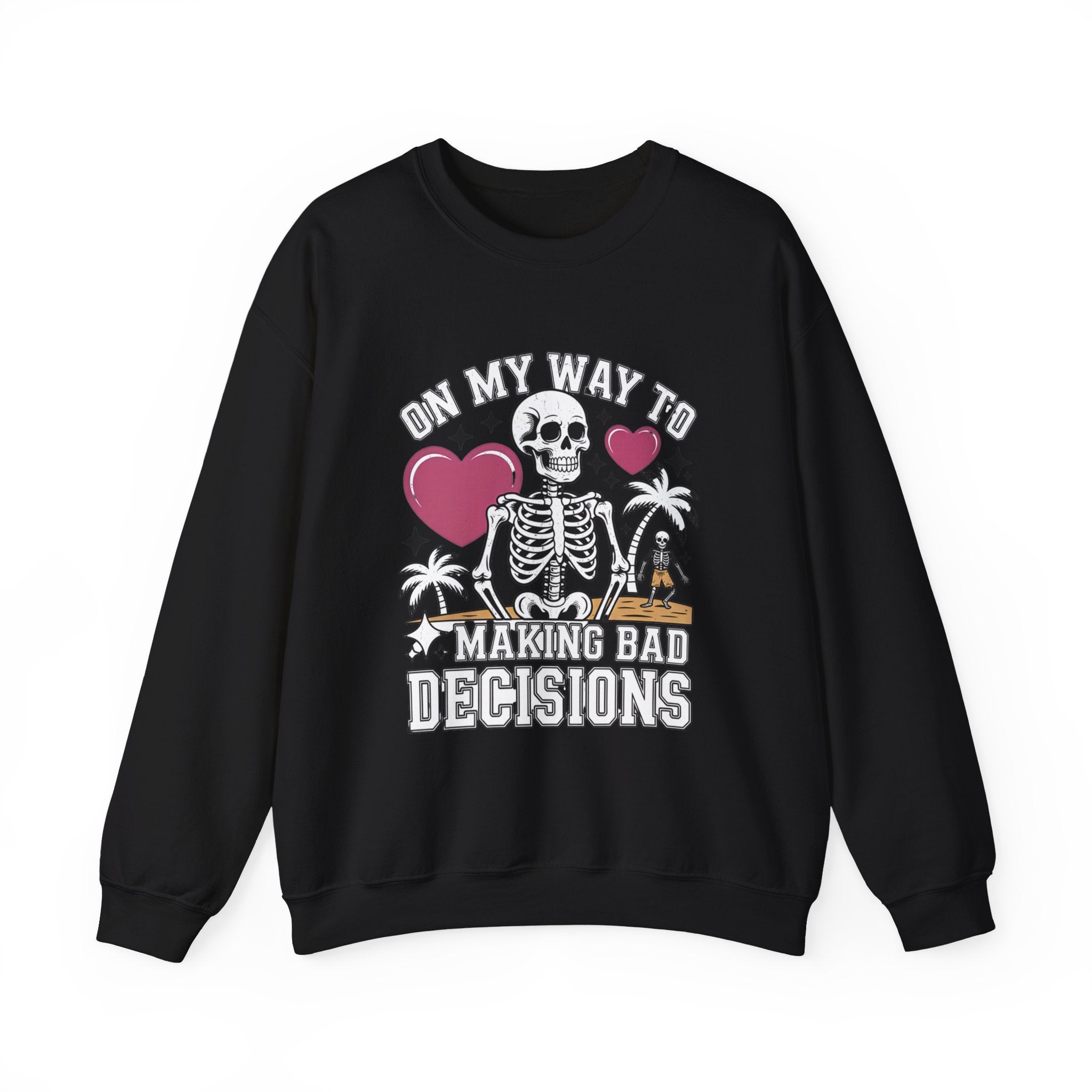Black crewneck sweatshirt laid flat, printed with a two line drawn skeletons under pink hearts