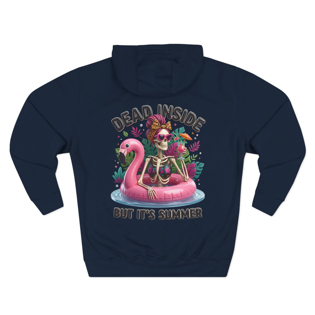 Navy hoodie, plain back — retro pink skeleton on the front