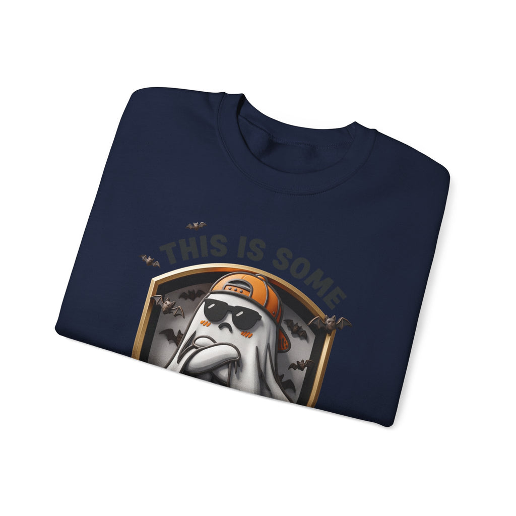 Navy crewneck sweatshirt folded to show the sheet ghost in black sunglasses and a backward orange print