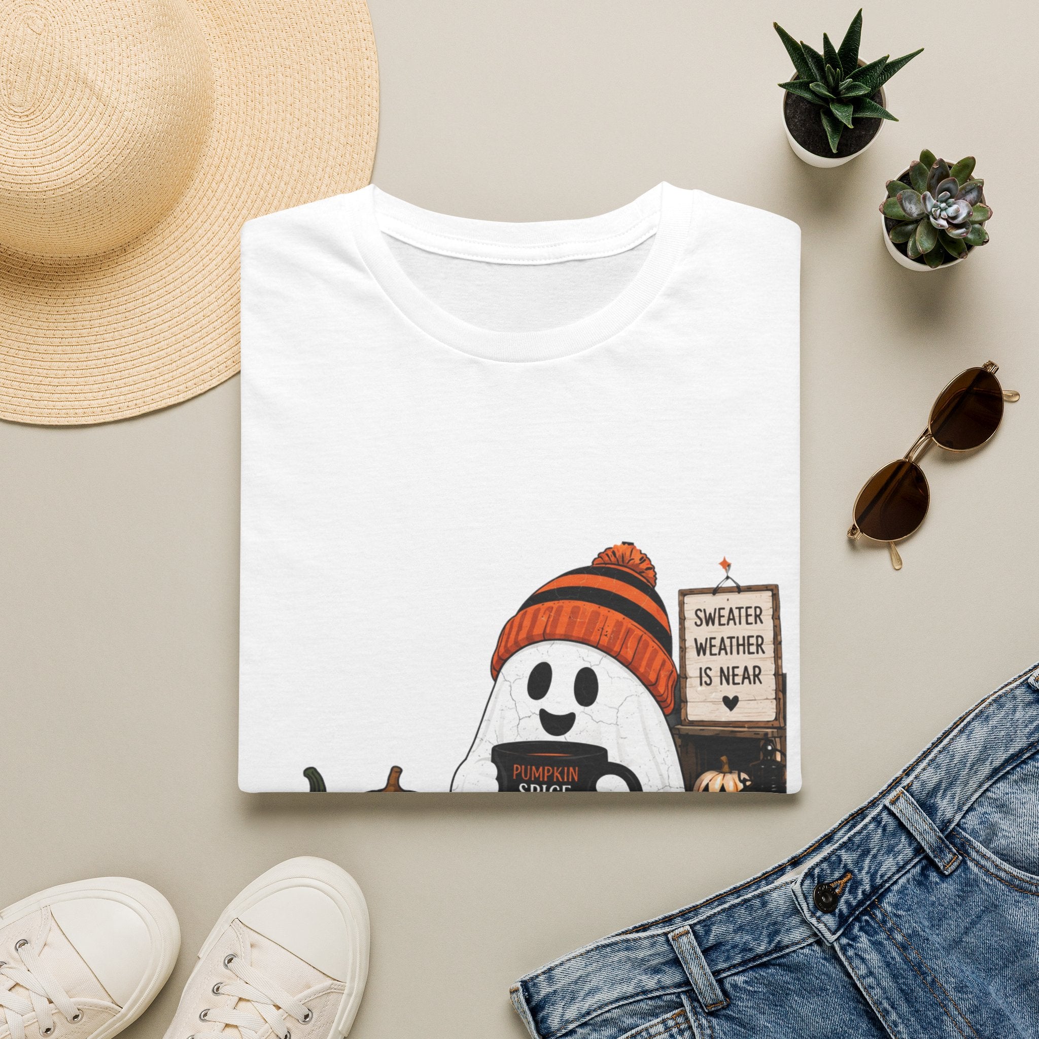 White t-shirt styled flat with a candle — small ghost in a knitted beanie