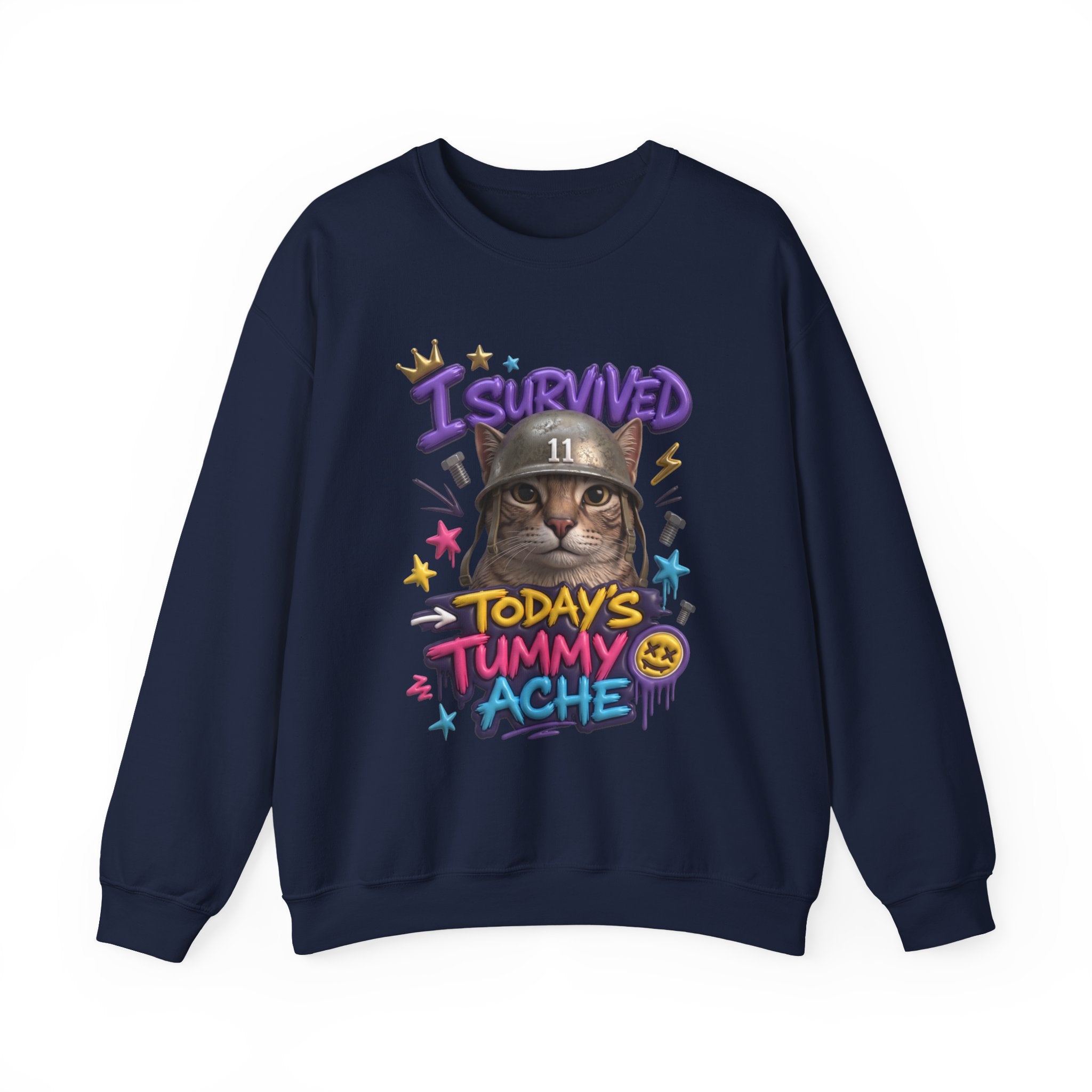 Navy crewneck sweatshirt laid flat, printed with a flat-eyed cat wearing a battered steel helmet