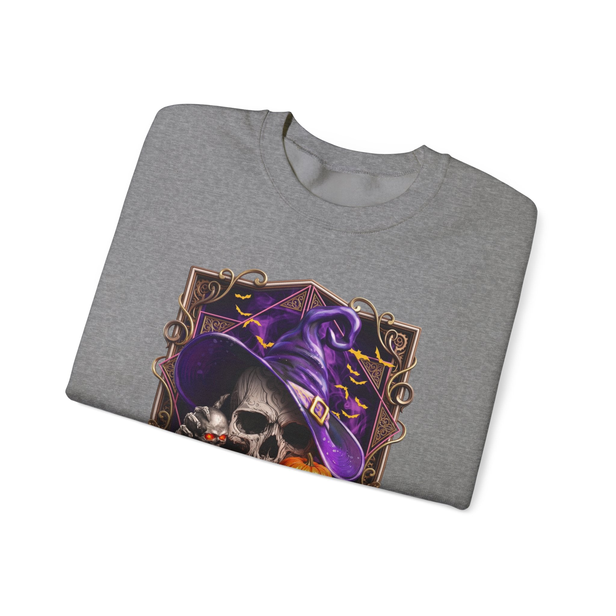 Graphite Heather crewneck sweatshirt folded to show the skull in a slouchy purple witch hat peers out print
