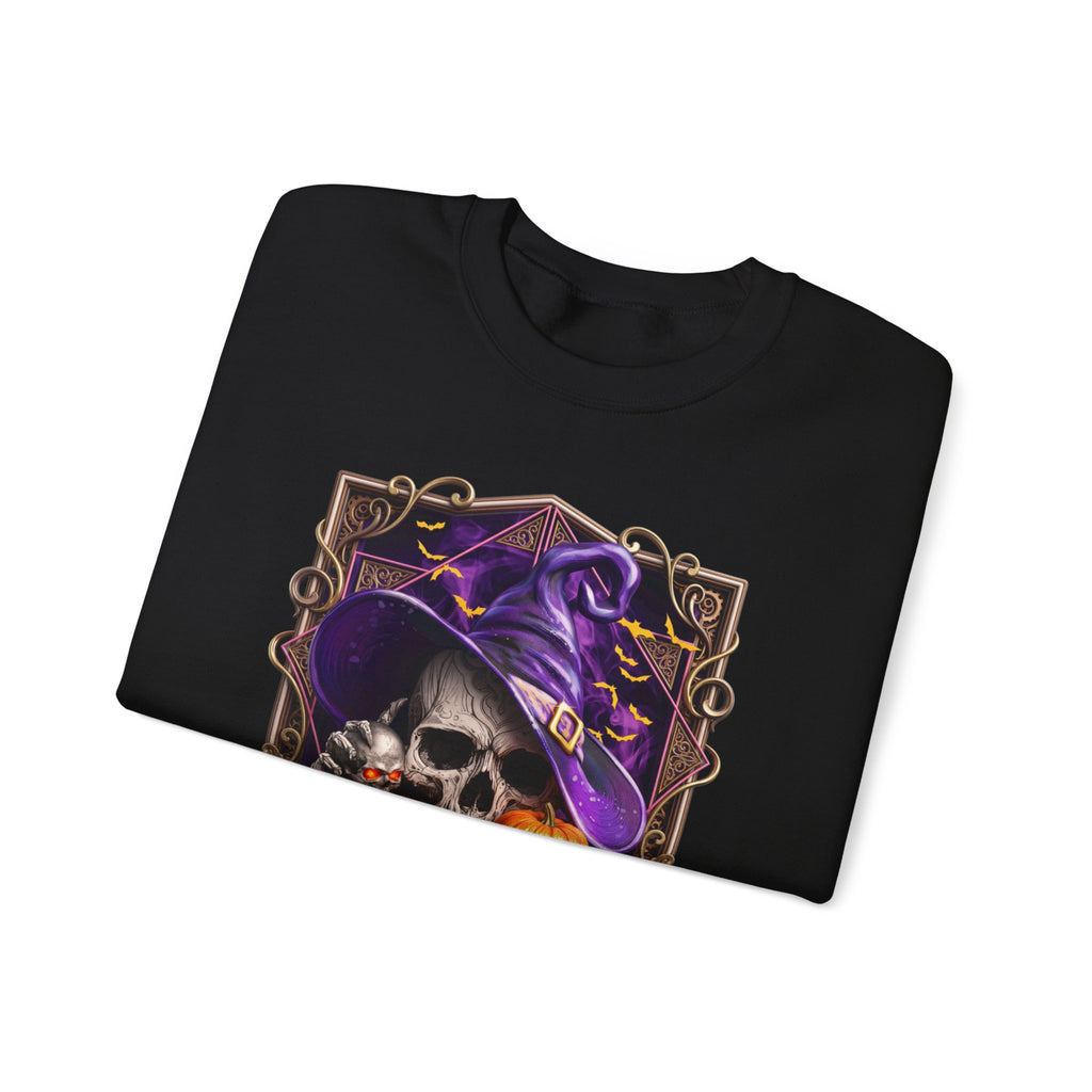 Black crewneck sweatshirt folded to show the skull in a slouchy purple witch hat peers out print