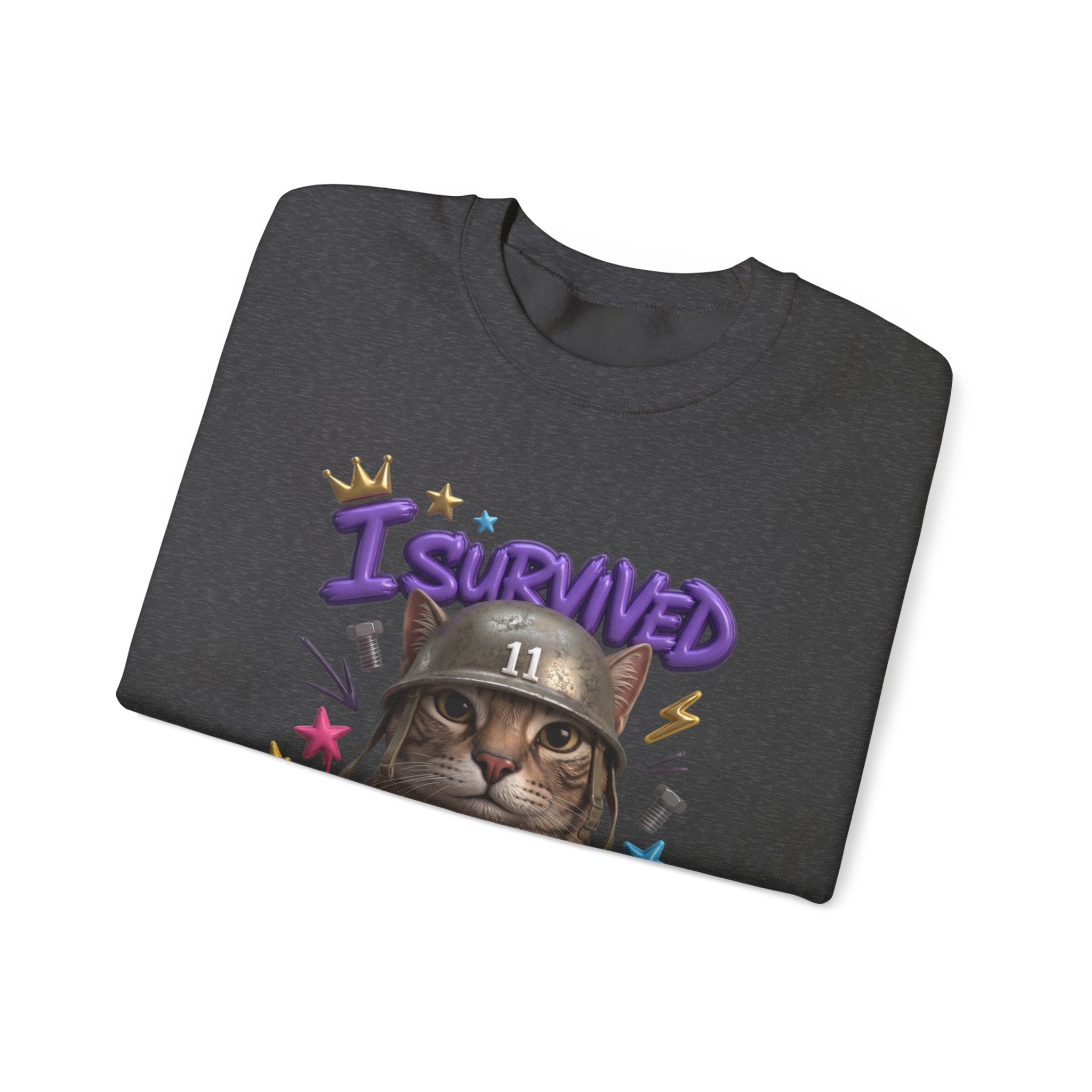 Dark Heather crewneck sweatshirt folded to show the flat-eyed cat wearing a battered steel helmet print