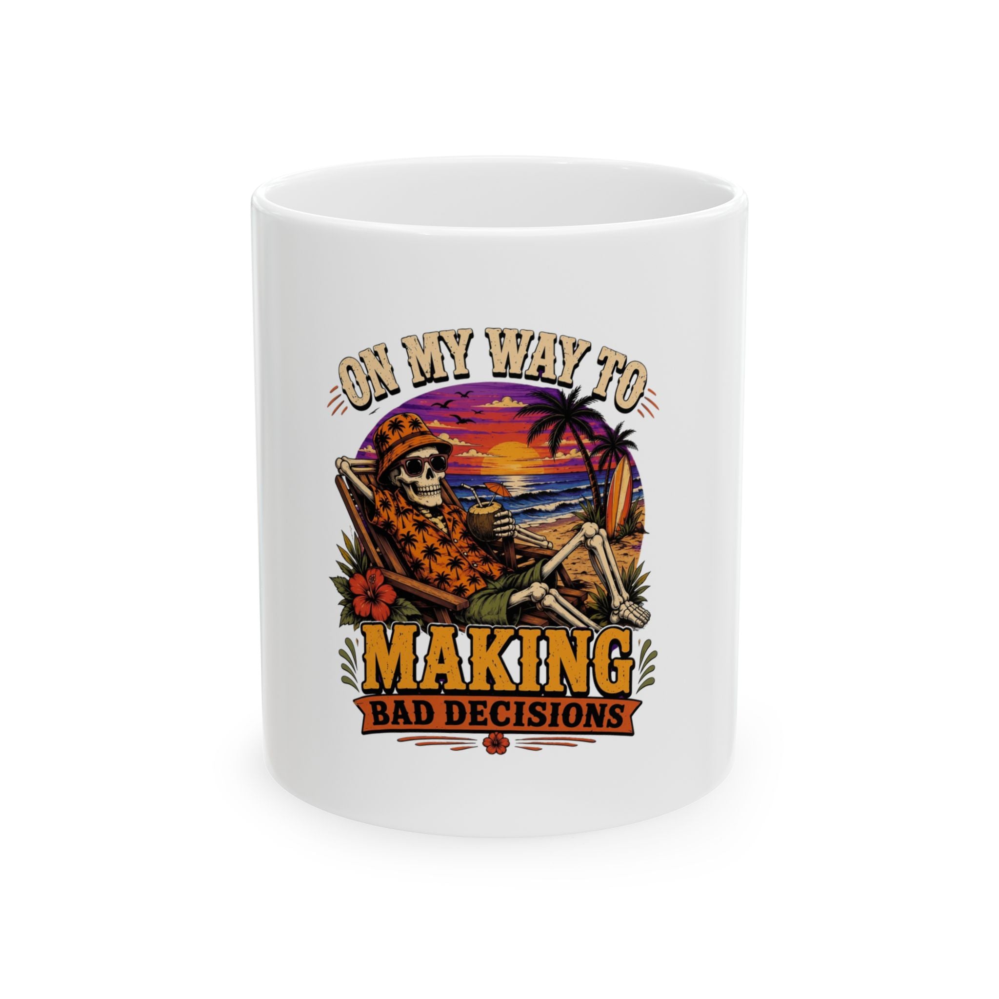 Ceramic mug showing a wraparound tropical sunset scene of a skeleton, view 1