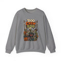 Graphite Heather crewneck sweatshirt laid flat, printed with a skeletons and zombies working the grill under a hand-painted