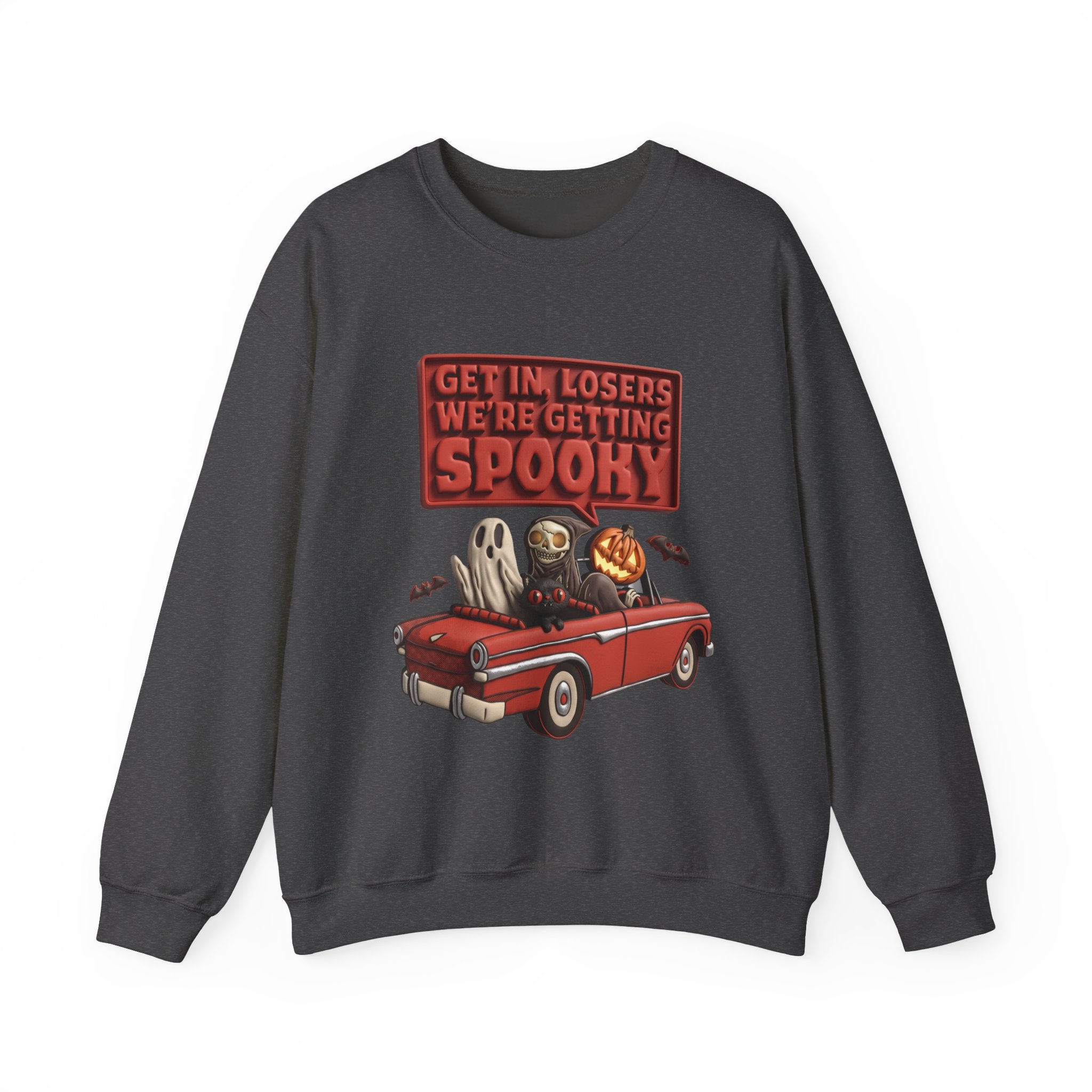 Dark Heather crewneck sweatshirt laid flat, printed with a ghost