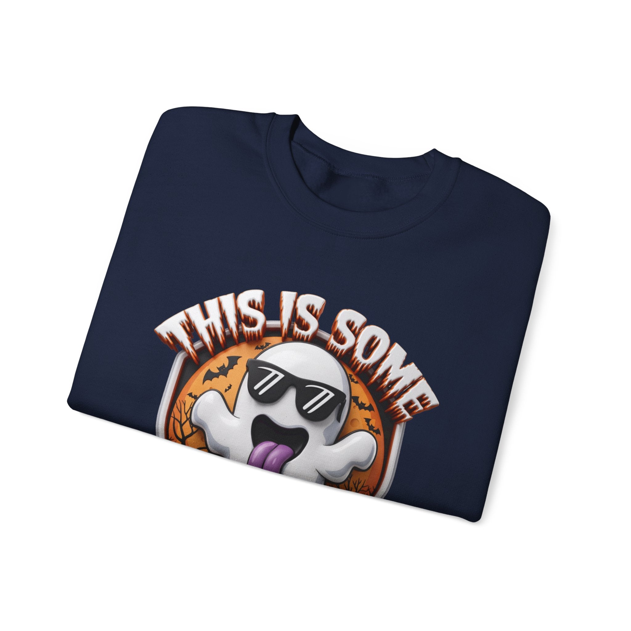 Navy crewneck sweatshirt folded to show the cartoon ghost in dark sunglasses sticks its purple tongue print
