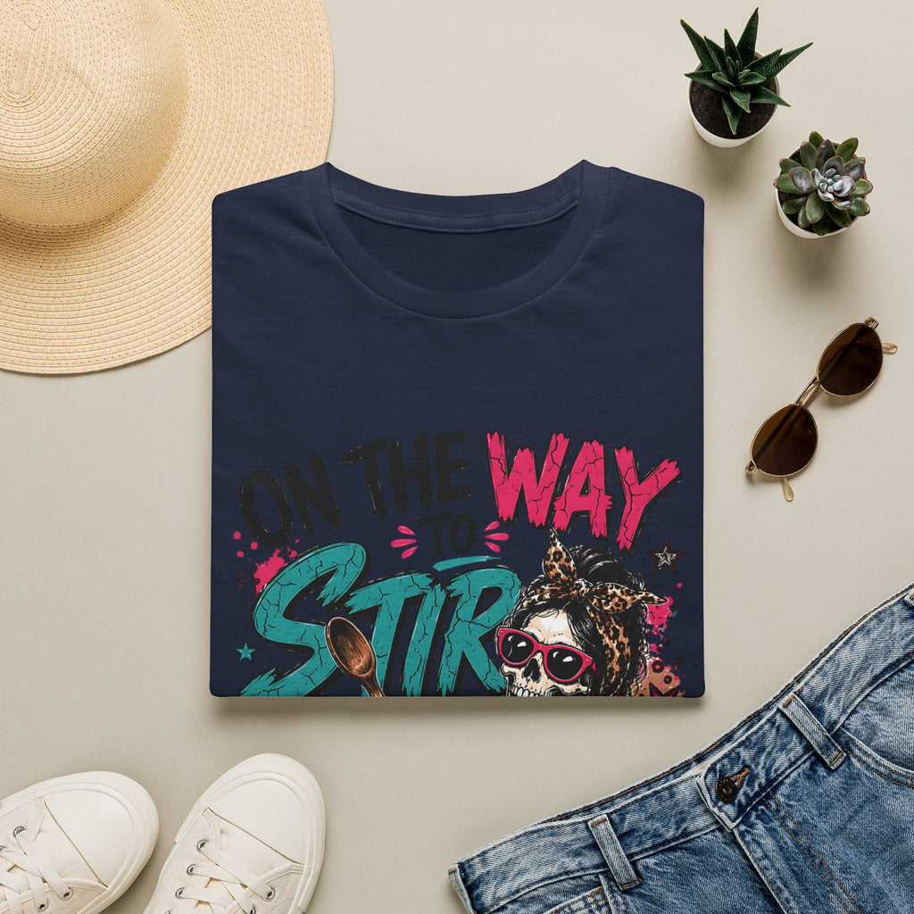 Navy t-shirt styled flat with a candle — skeleton with teal and pink lettering