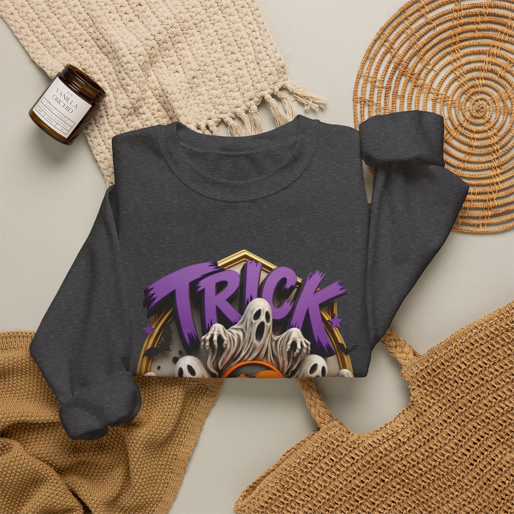Dark Heather crewneck sweatshirt styled flat with a candle — ghosts huddled between carved pumpkins