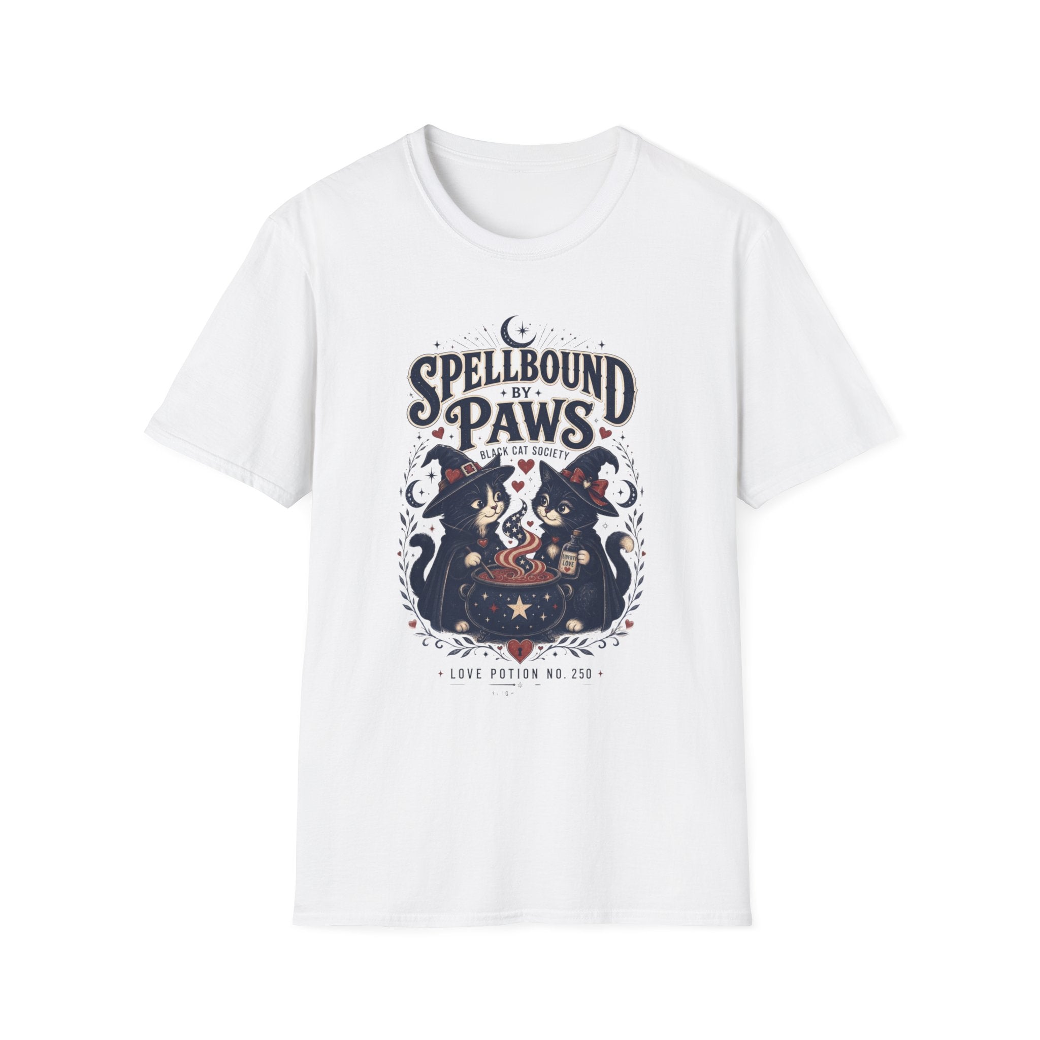 White t-shirt laid flat, printed with a two black cats in witch hats