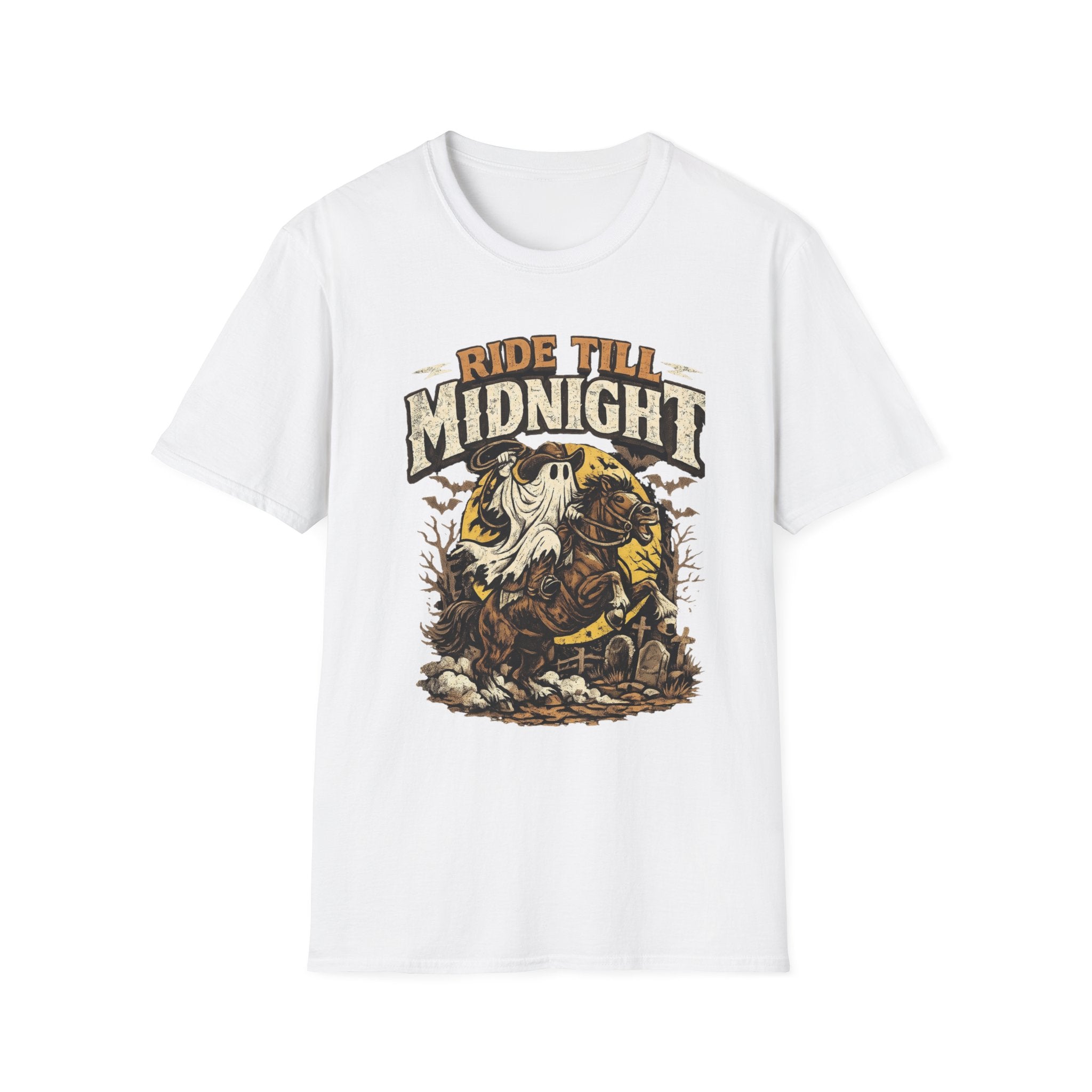 White t-shirt laid flat, printed with a sheet ghost in a wide-brim hat rides a rearing