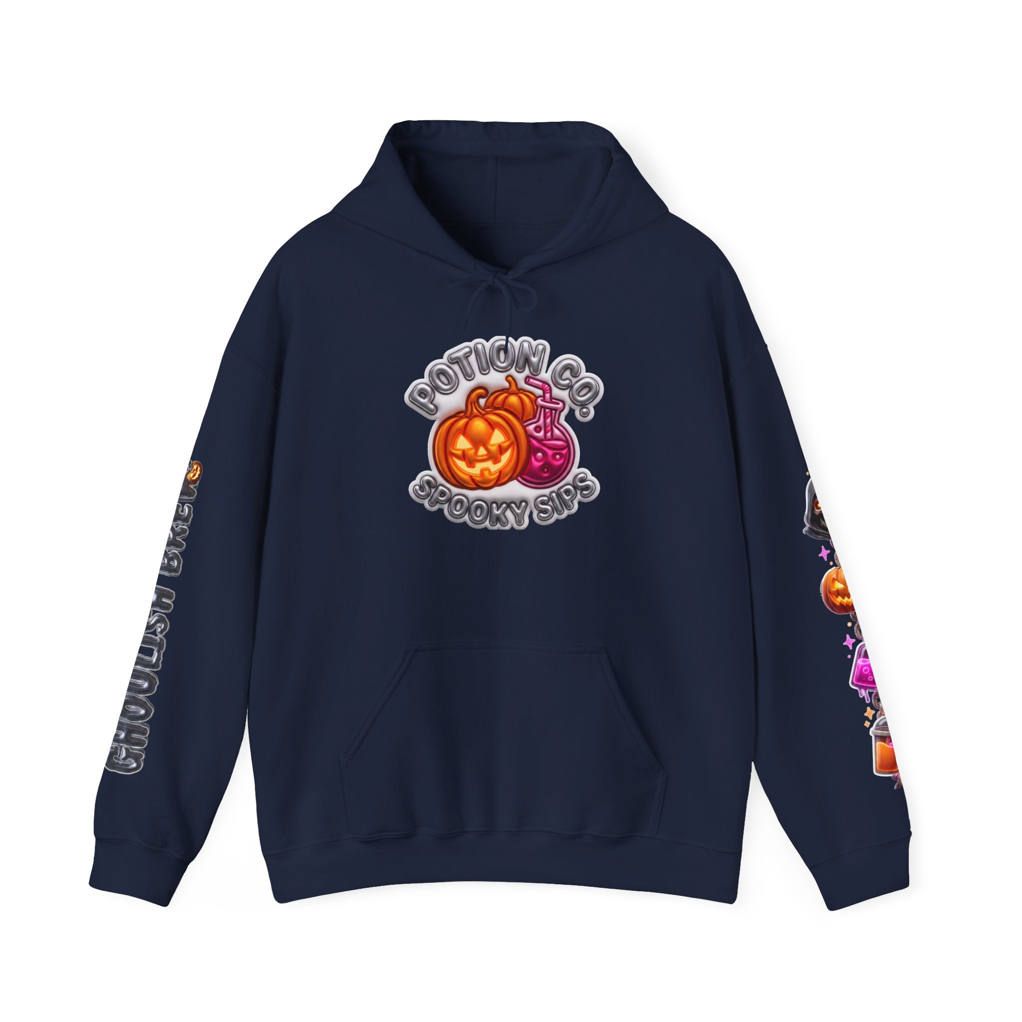 Navy hoodie laid flat, printed with a potion co. halloween graphic of jack-o-lanterns and potion bottles