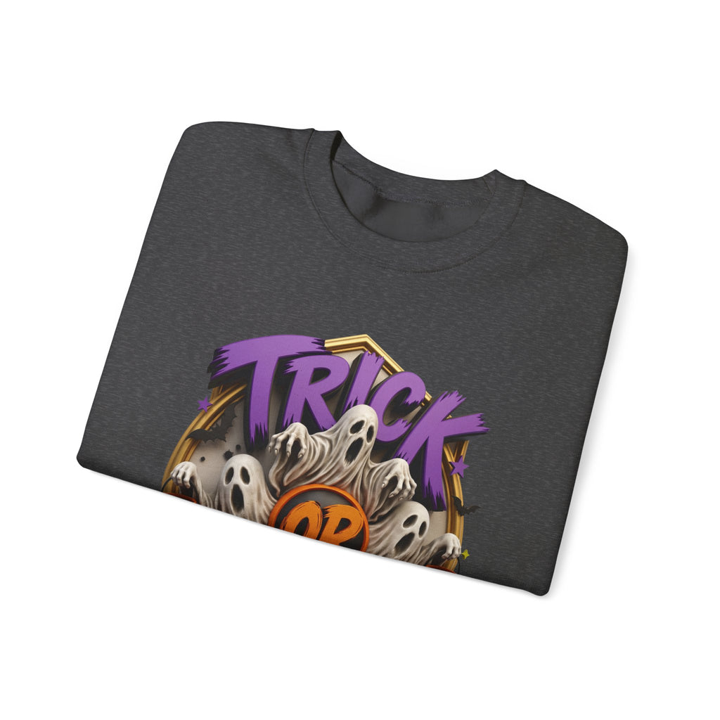 Dark Heather crewneck sweatshirt folded to show the huddle of wide-mouthed ghosts rises between two carved pumpkins print