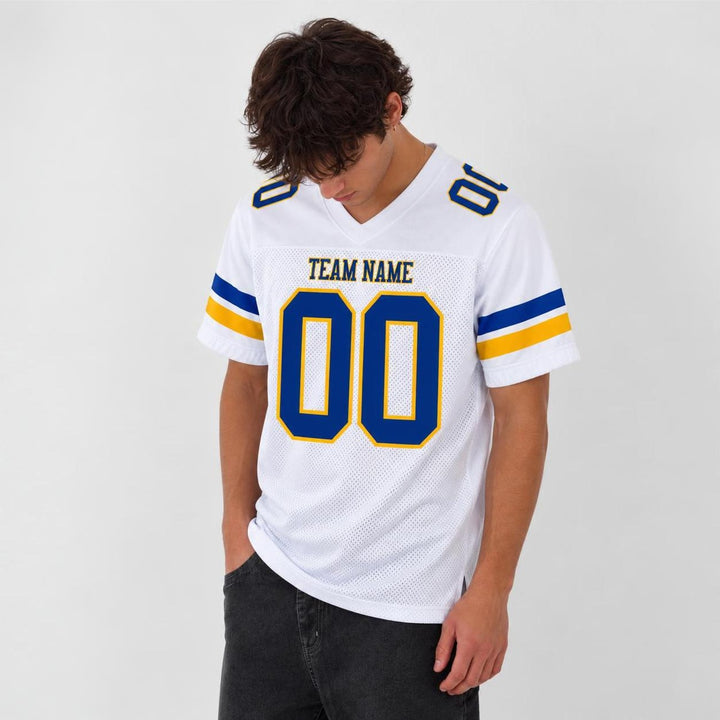 White Royal Blue Gold Football Jersey – Custom Name and Number