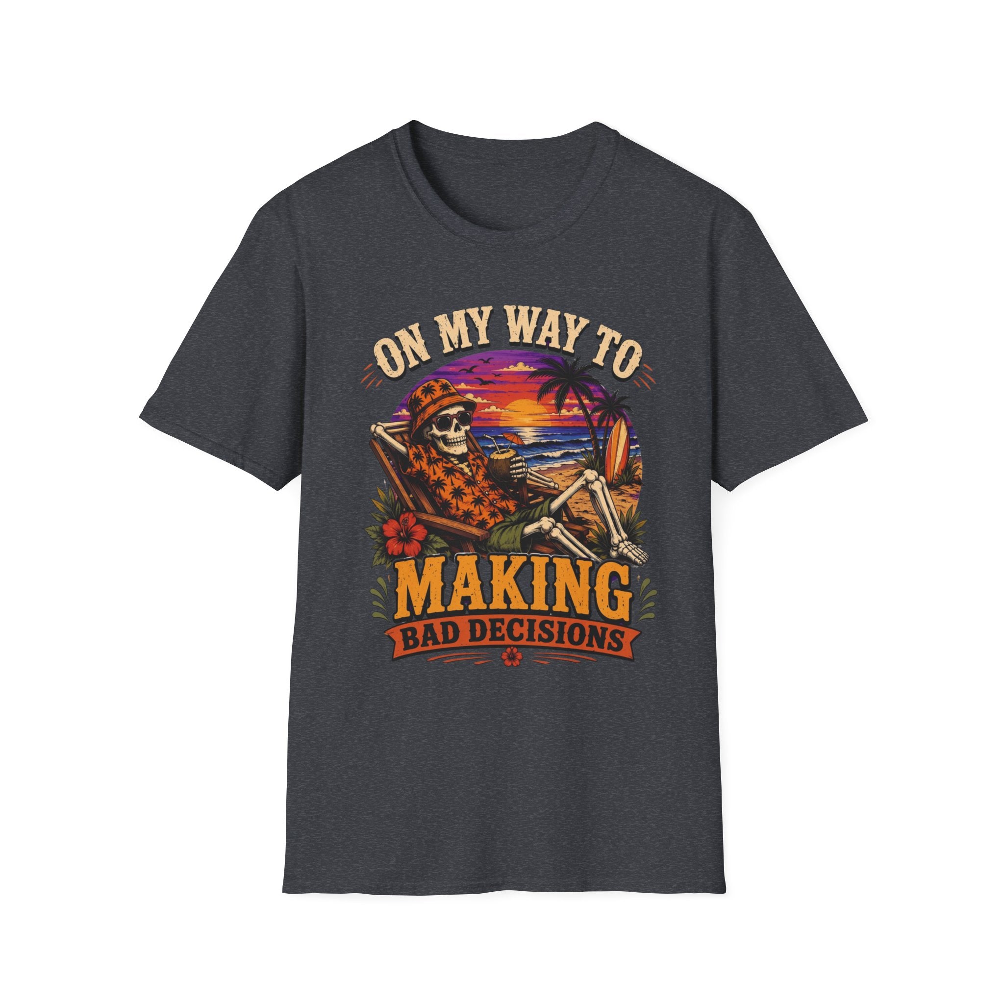 Dark Heather Grey t-shirt, plain back — skeleton on a beach at sunset on the front